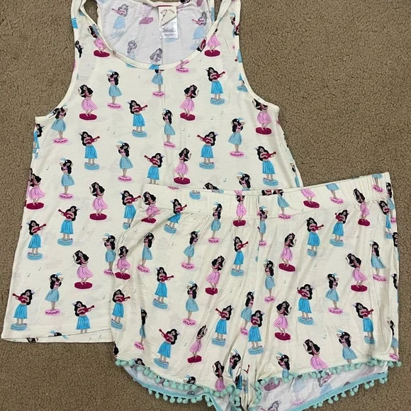 Nite nite munki munki Women's Cream Sleepwear Set with Colorful hula girl Print - Picture 2 of 7